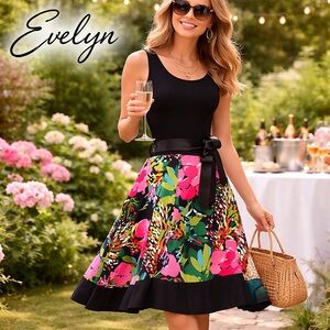 Evelyn, Vibrant Tropical A-Line Skirt Bow Waist Resort  Palm Beach,Skirt, Size L